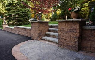 Retaining wall with pillars and stairs in Cincinnati Ohio