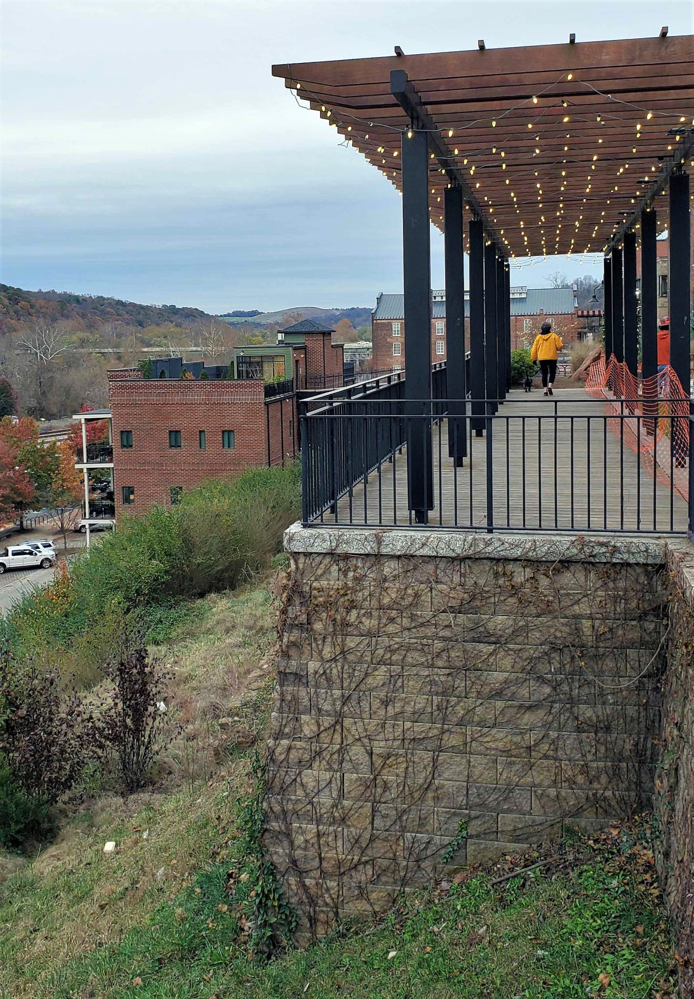 Side view of retaining wall at Lynchburg's Bluffwalk tourist attraction.