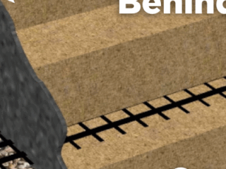 3D Diagram of retaining wall with correct filter fabric placement.