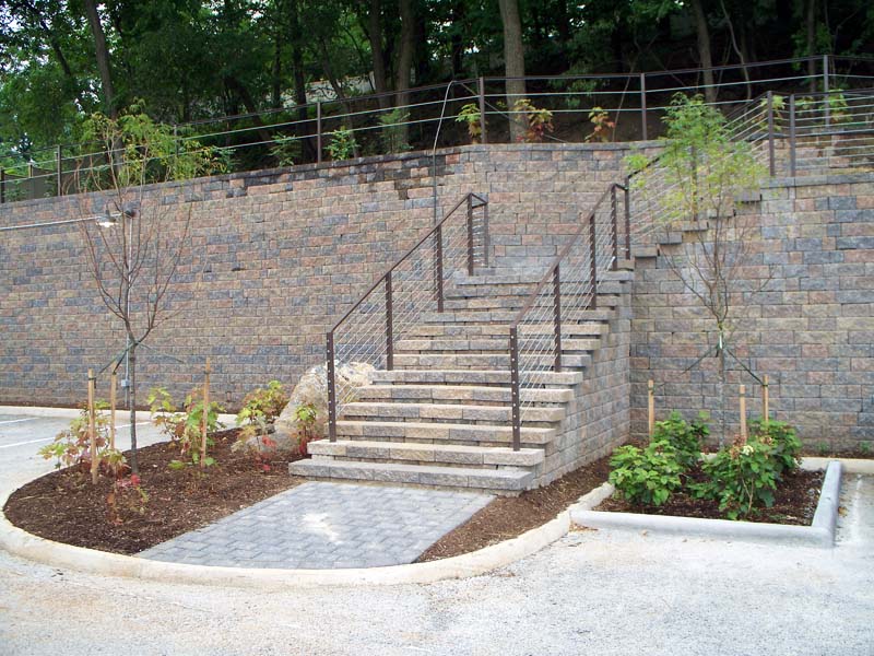 Commercial parking lot retaining wall and stairs.
